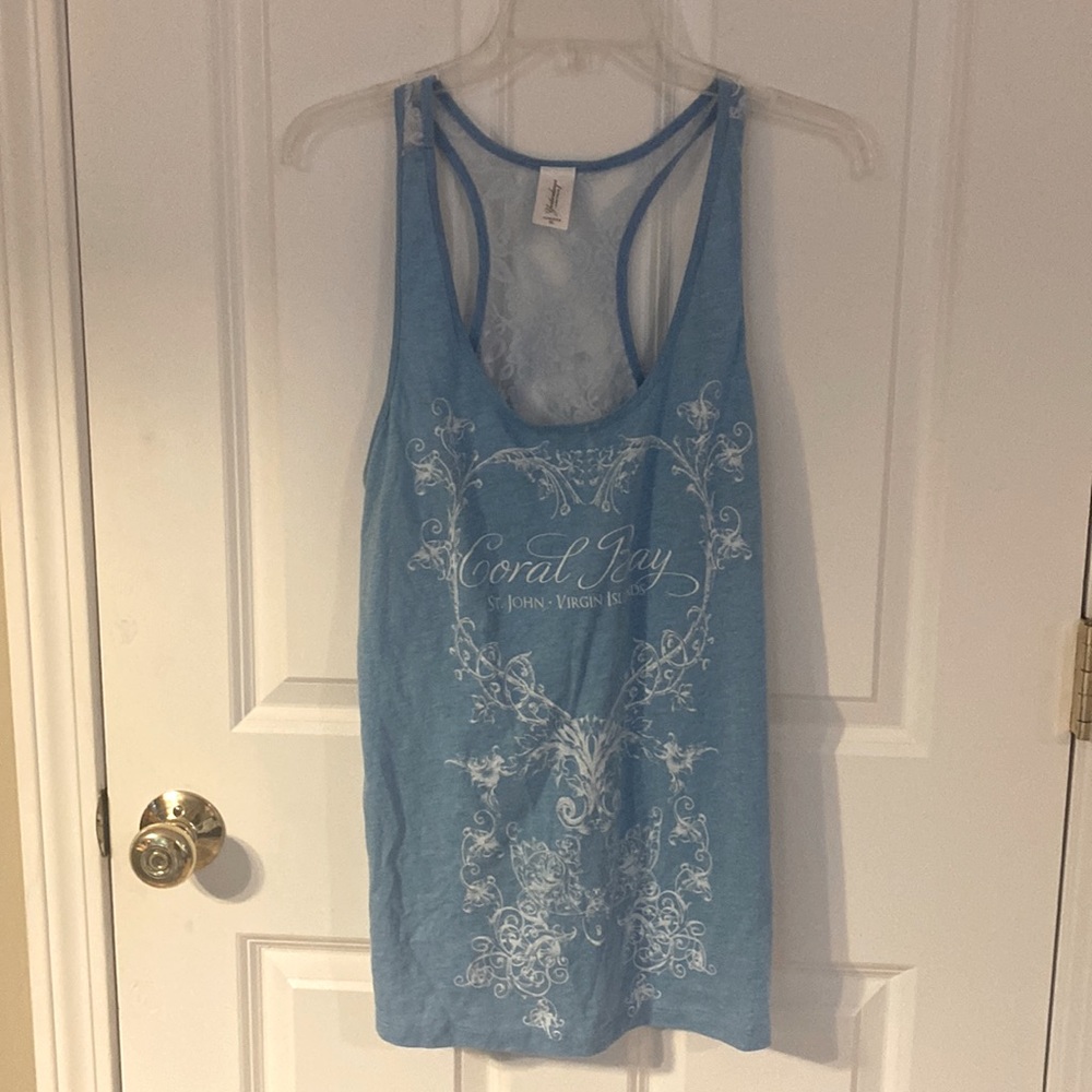 Junior women’s light blue lace backed cotton tank top